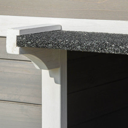 Weatherproof Outdoor Cat House with Porch & Escape Door - Feral Cat Shelter with Plant Stand | Dark Grey/White Wood Construction