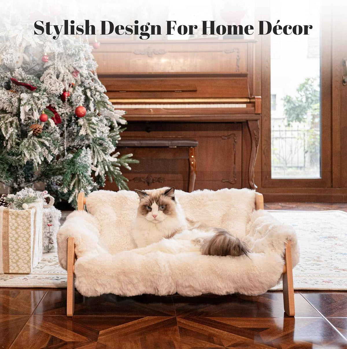 Elevated Wooden Cat Couch Bed with Washable Fluffy Cushion – 3 Colors