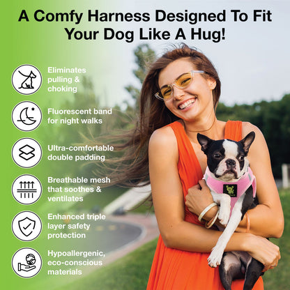 EcoBark Step In Dog Harness - XXXS to Medium Breeds- Reflective Soft Mesh Harness for Teacup, Small Dogs and Puppies / Baby Pink