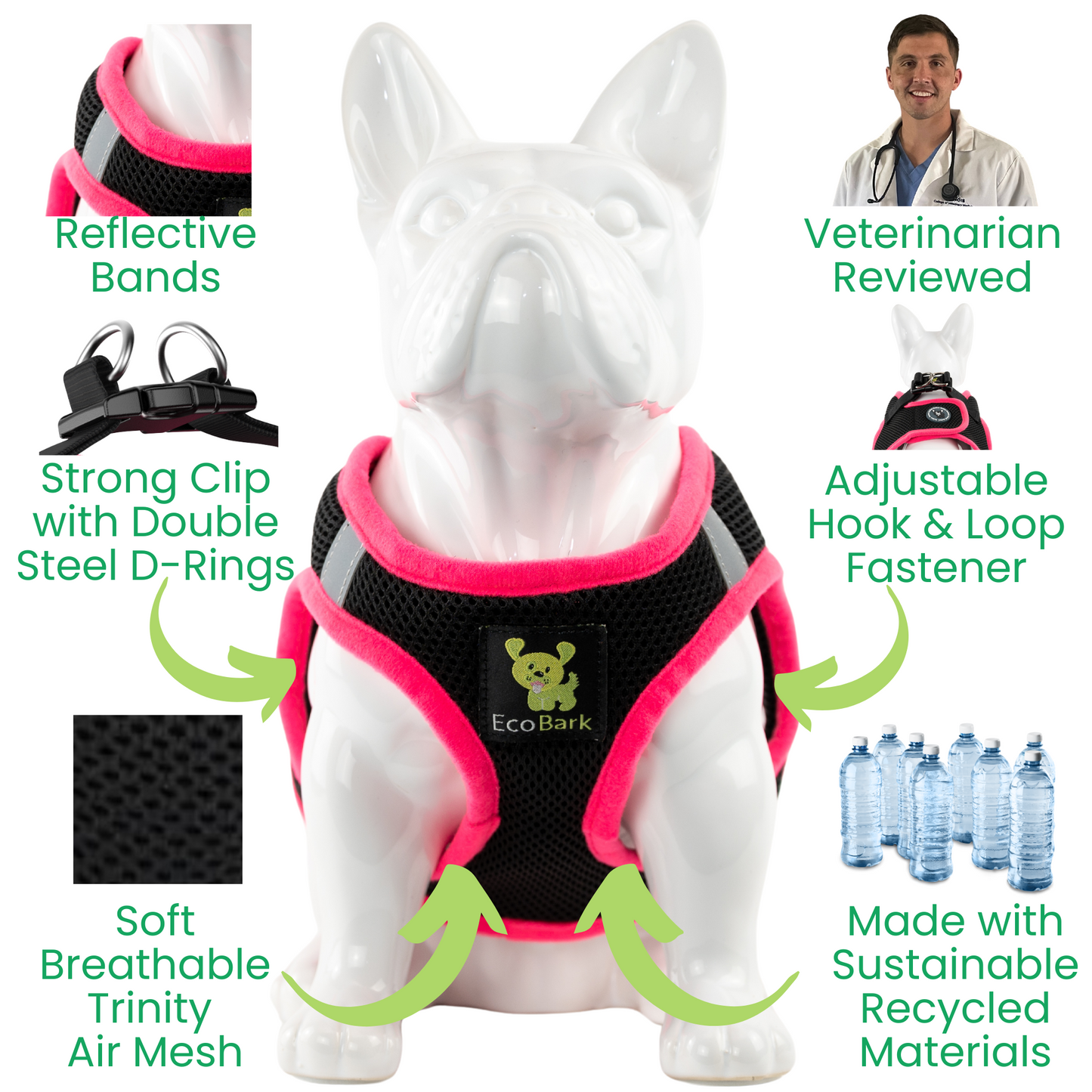 EcoBark Step In Dog Harness - XXXS to Medium Breeds- Reflective Soft Mesh Harness for Teacup, Small Dogs and Puppies / Black w/ Pink Piping