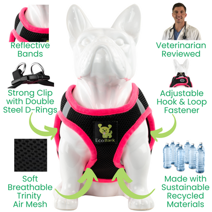 EcoBark Step In Dog Harness - XXXS to Medium Breeds- Reflective Soft Mesh Harness for Teacup, Small Dogs and Puppies / Black w/ Pink Piping