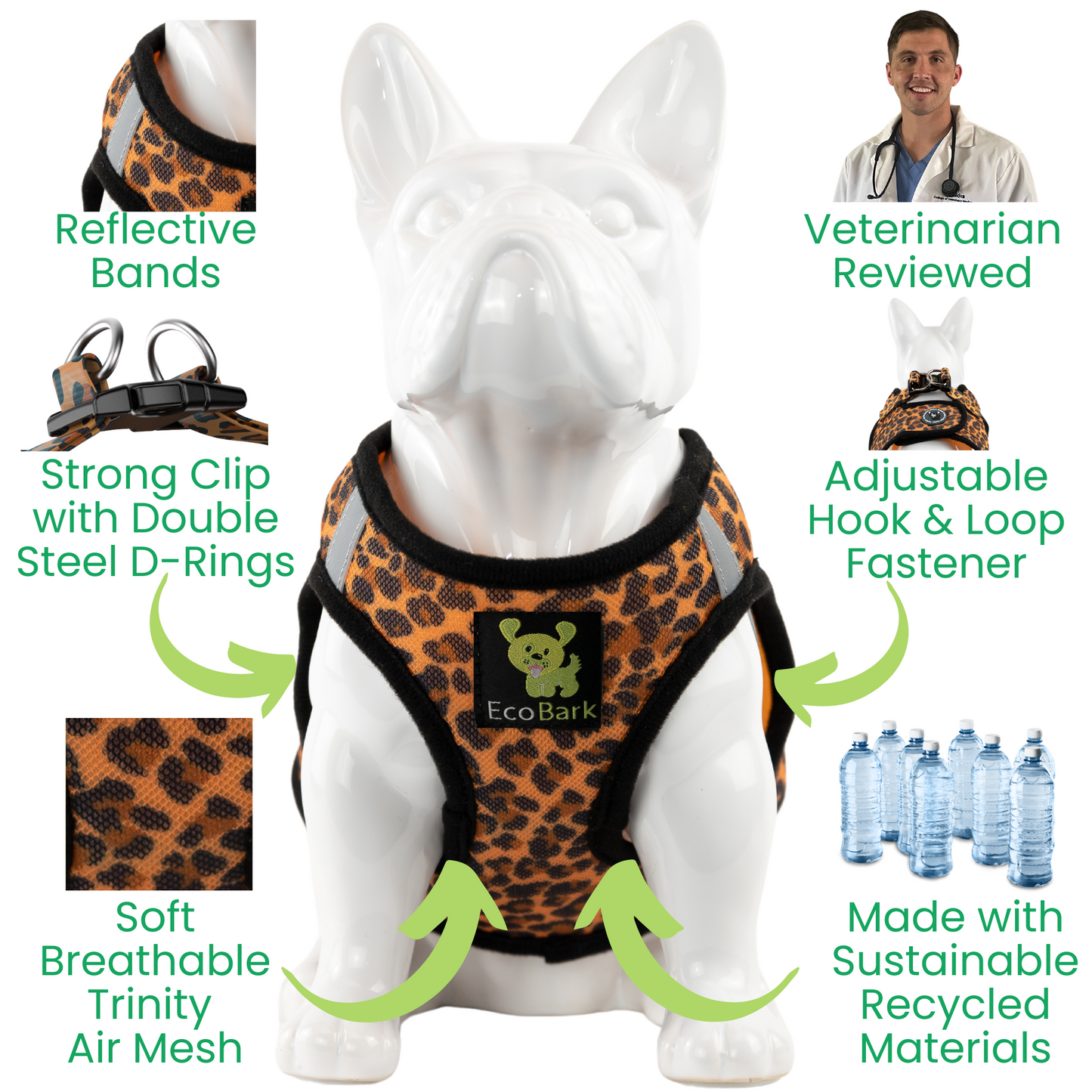 EcoBark Step In Dog Harness - XXXS to Medium Breeds- Reflective Soft Mesh Harness for Teacup, Small Dogs and Puppies / Cheetah