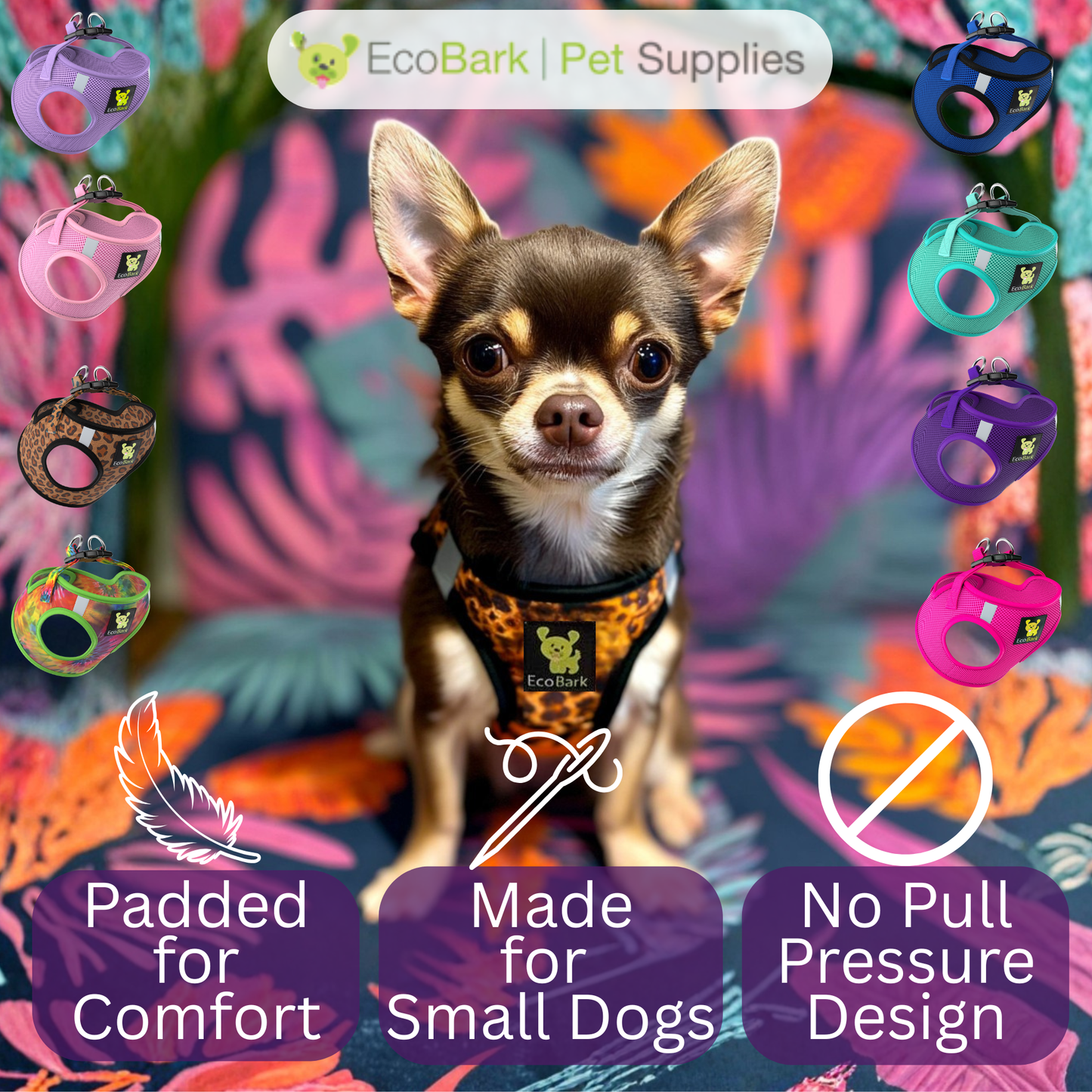 EcoBark Step In Dog Harness - XXXS to Medium Breeds- Reflective Soft Mesh Harness for Teacup, Small Dogs and Puppies / Cheetah