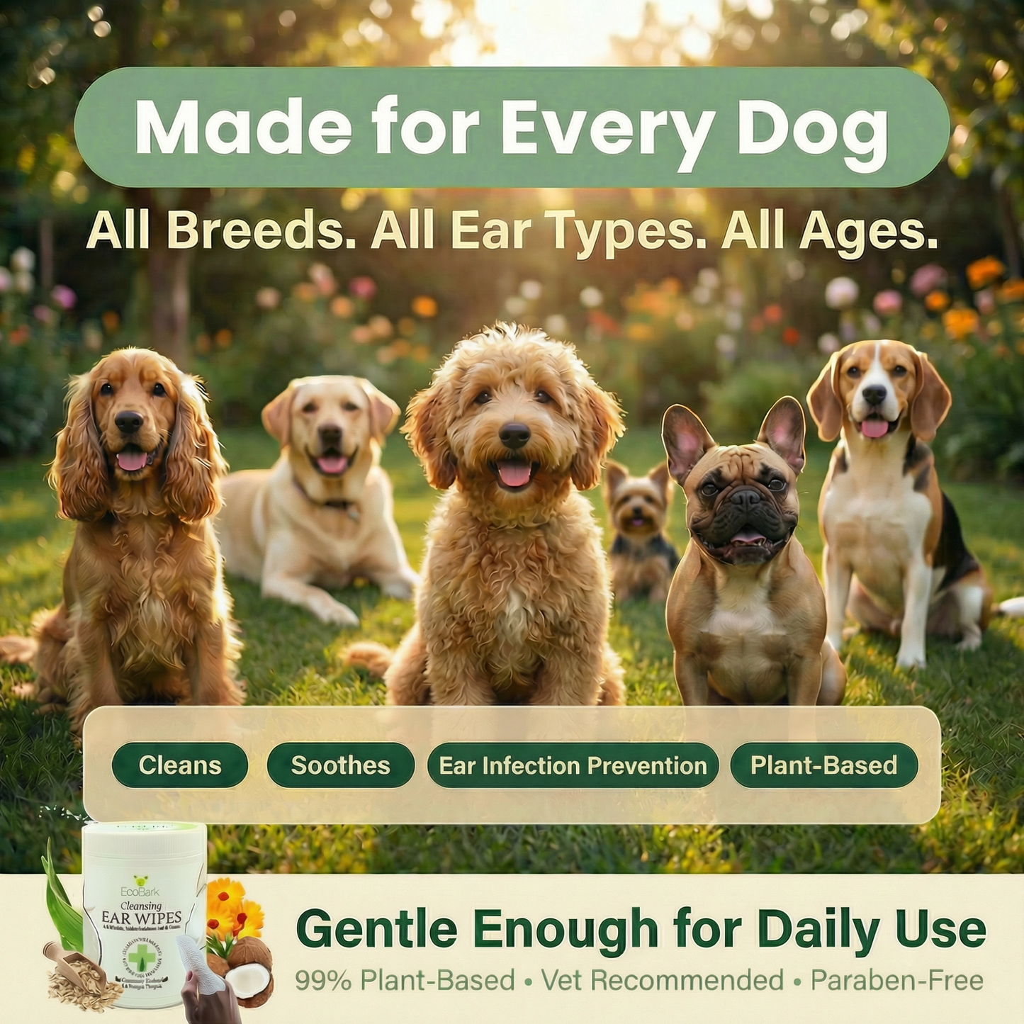 Dog Ear Wipes - Dog Ear Cleaning Wipes by EcoBark - Naturally Coconut Scented - 50 Count Finger Wipes For Puppies and Dogs