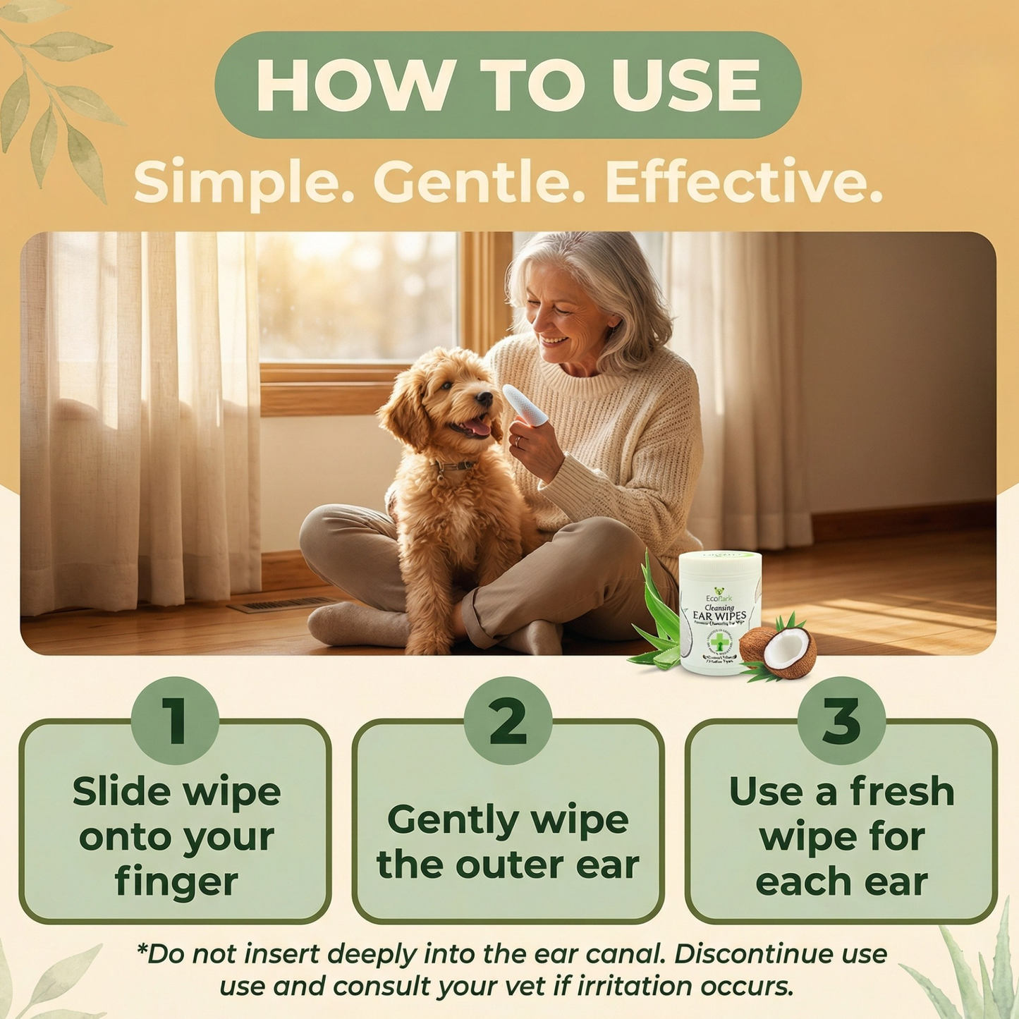 Dog Ear Wipes - Dog Ear Cleaning Wipes by EcoBark - Naturally Coconut Scented - 50 Count Finger Wipes For Puppies and Dogs
