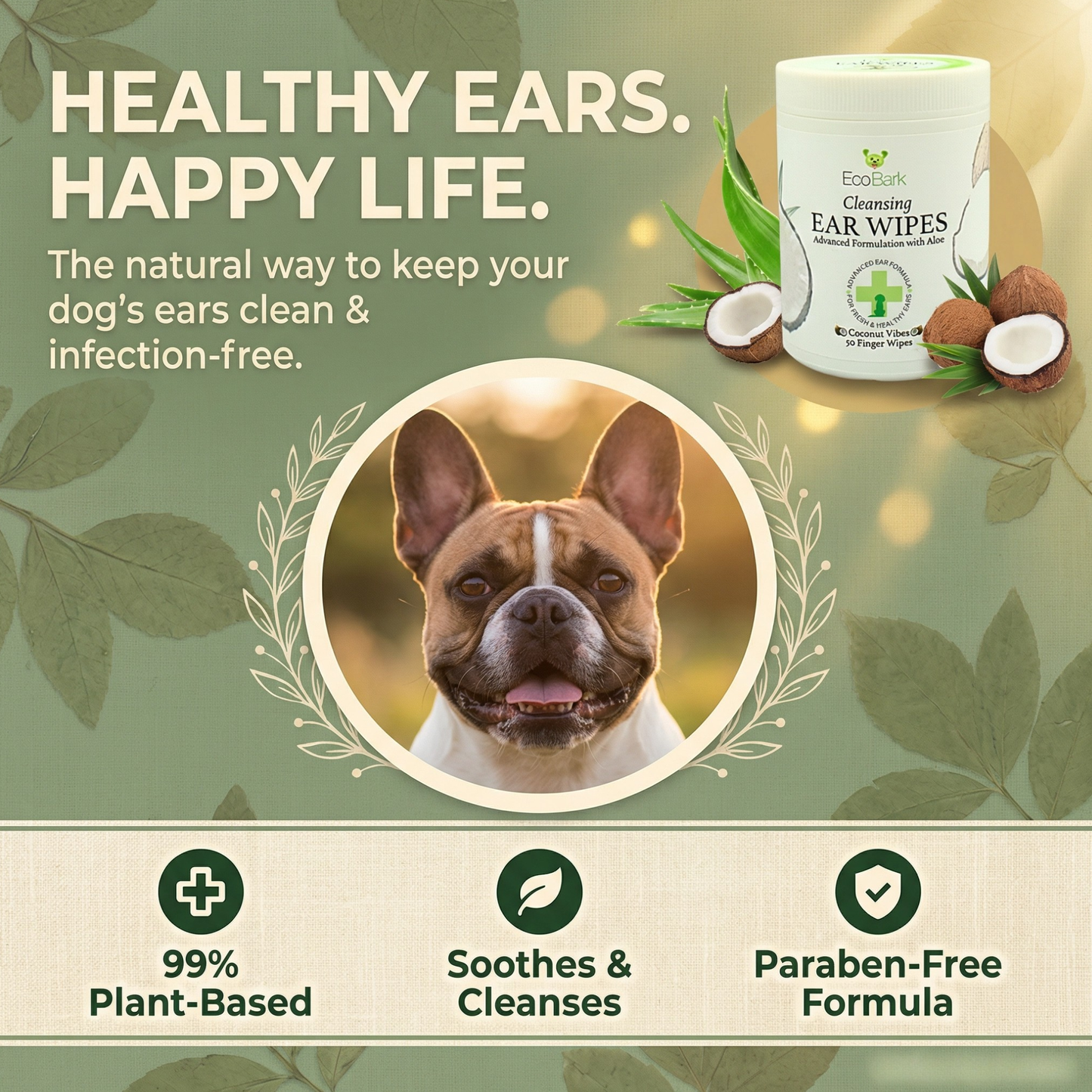 Dog Ear Wipes - Dog Ear Cleaning Wipes by EcoBark - Naturally Coconut Scented - 50 Count Finger Wipes For Puppies and Dogs