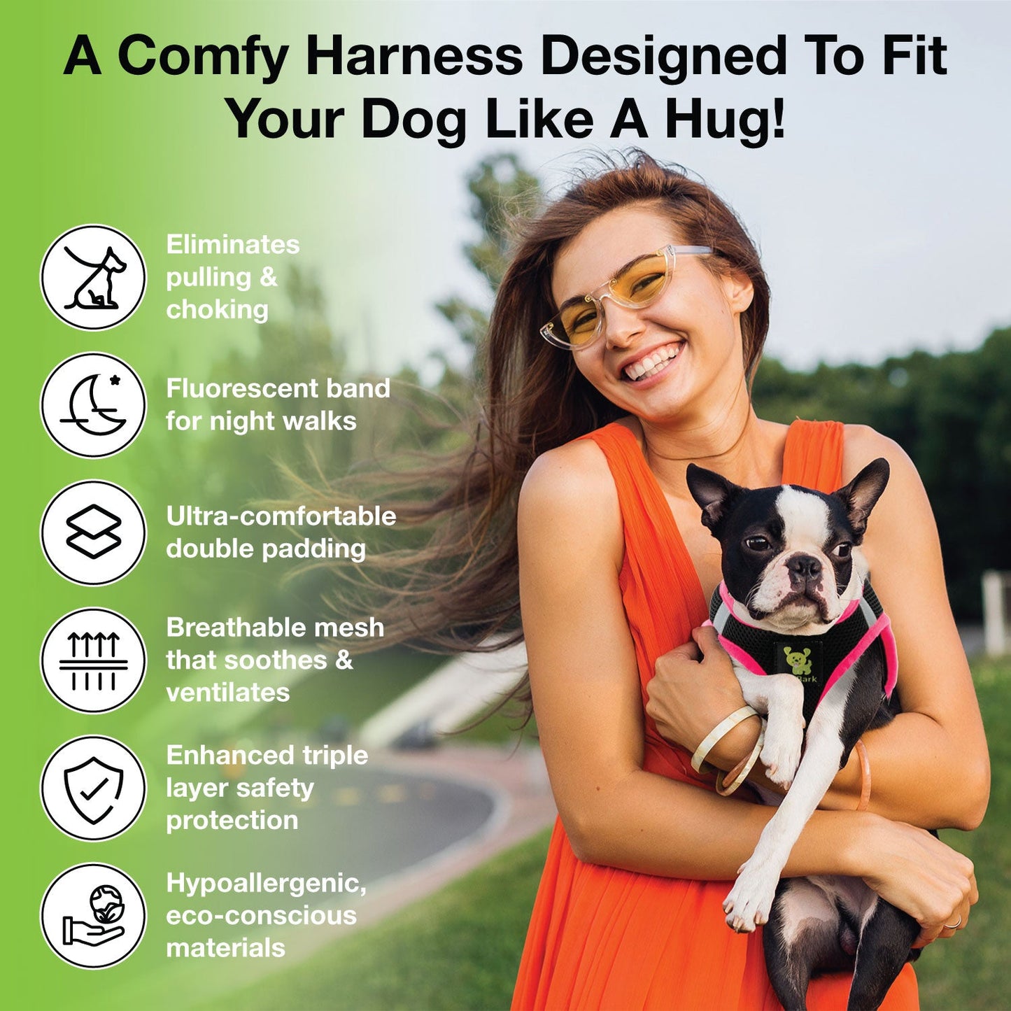 EcoBark Step In Dog Harness - XXXS to Medium Breeds- Reflective Soft Mesh Harness for Teacup, Small Dogs and Puppies / Black w/ Pink Piping