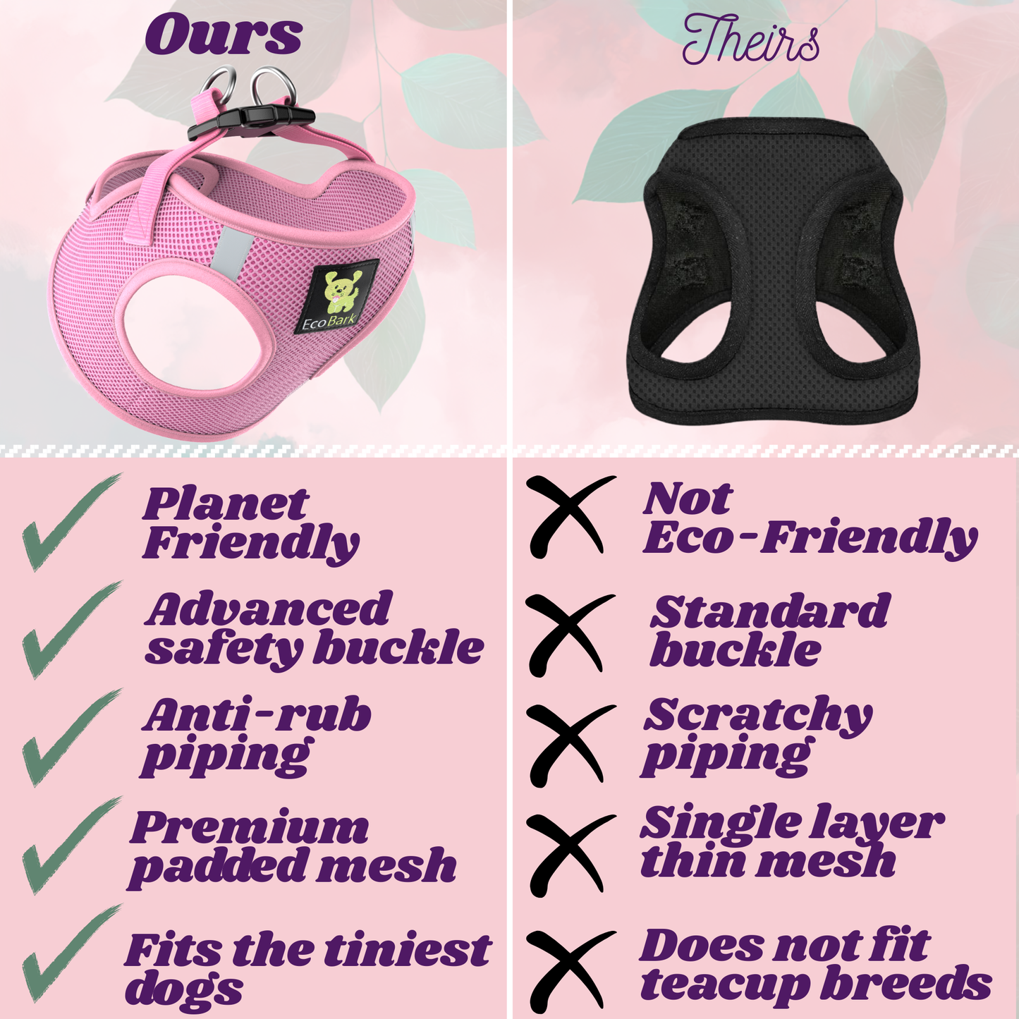 EcoBark Step In Dog Harness - XXXS to Medium Breeds- Reflective Soft Mesh Harness for Teacup, Small Dogs and Puppies / Baby Pink