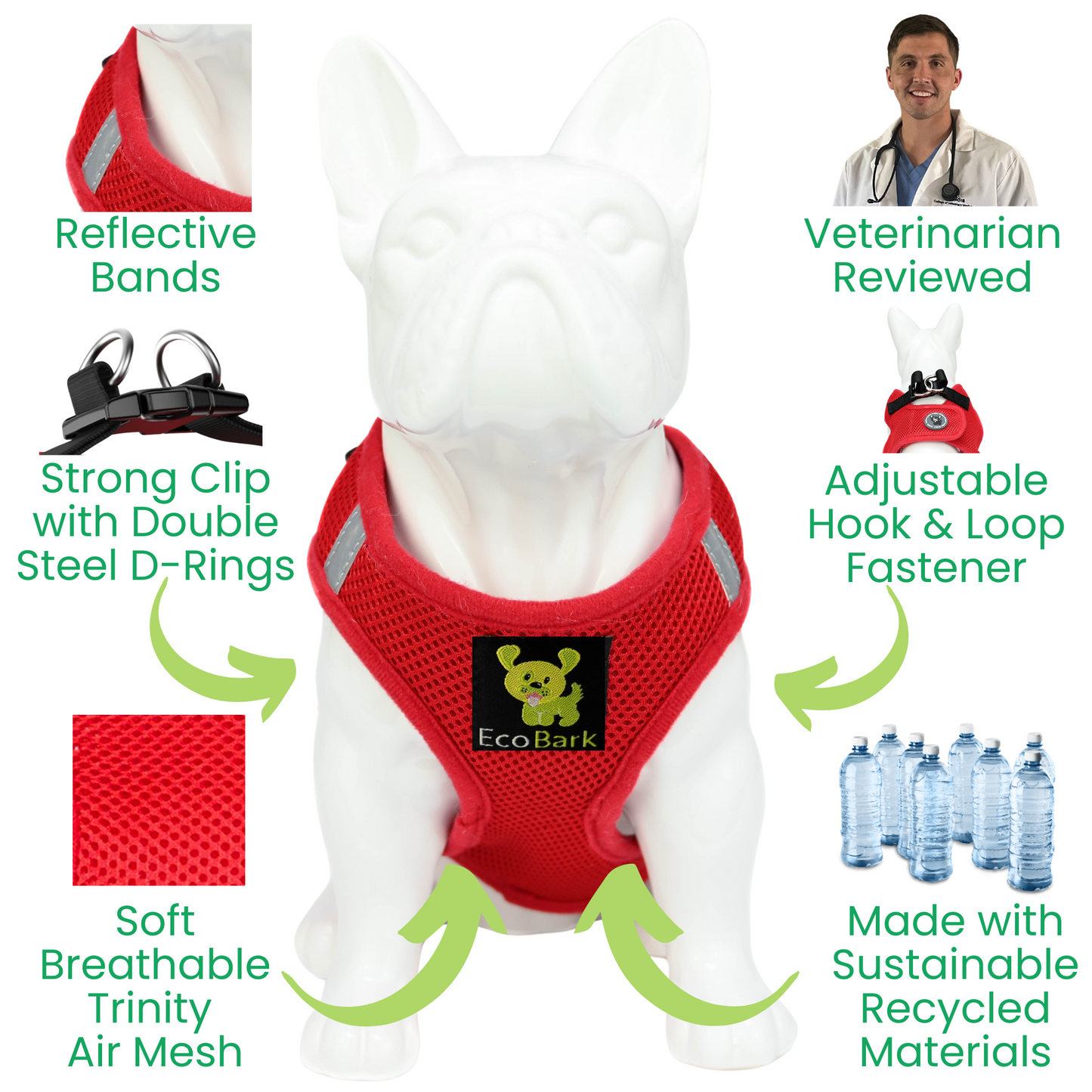 EcoBark Step In Dog Harness - XXXS to Medium Breeds- Reflective Soft Mesh Harness for Teacup, Small Dogs and Puppies / Red