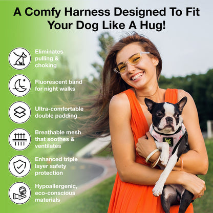 EcoBark Step In Dog Harness - XXXS to Medium Breeds- Reflective Soft Mesh Harness for Teacup, Small Dogs and Puppies / French Floral