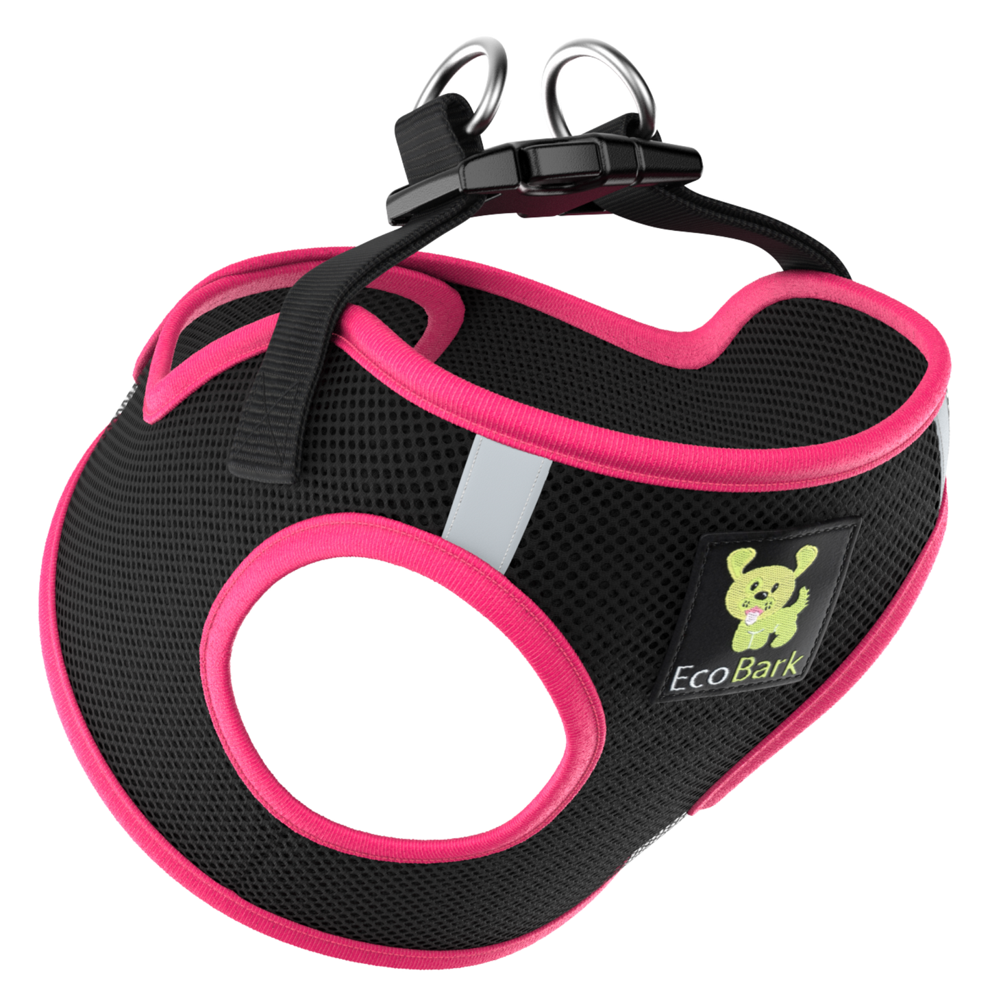 EcoBark Step In Dog Harness - XXXS to Medium Breeds- Reflective Soft Mesh Harness for Teacup, Small Dogs and Puppies / Black w/ Pink Piping