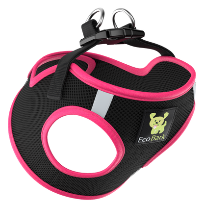 EcoBark Step In Dog Harness - XXXS to Medium Breeds- Reflective Soft Mesh Harness for Teacup, Small Dogs and Puppies / Black w/ Pink Piping