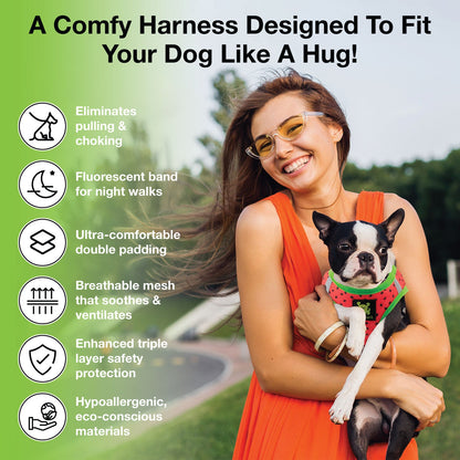 EcoBark Step In Dog Harness - XXXS to Medium Breeds- Reflective Soft Mesh Harness for Teacup, Small Dogs and Puppies / Black w/ Pink Piping / Watermelon