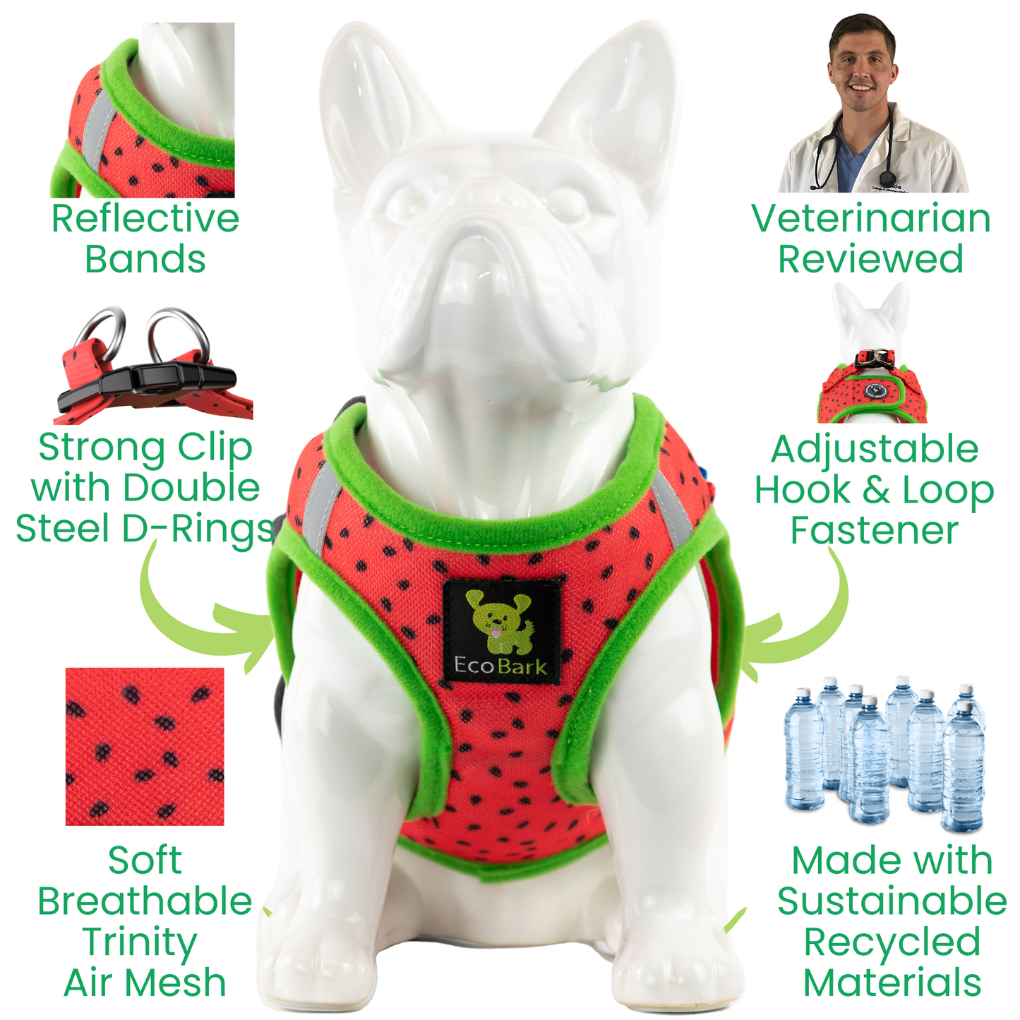 EcoBark Step In Dog Harness - XXXS to Medium Breeds- Reflective Soft Mesh Harness for Teacup, Small Dogs and Puppies / Black w/ Pink Piping / Watermelon