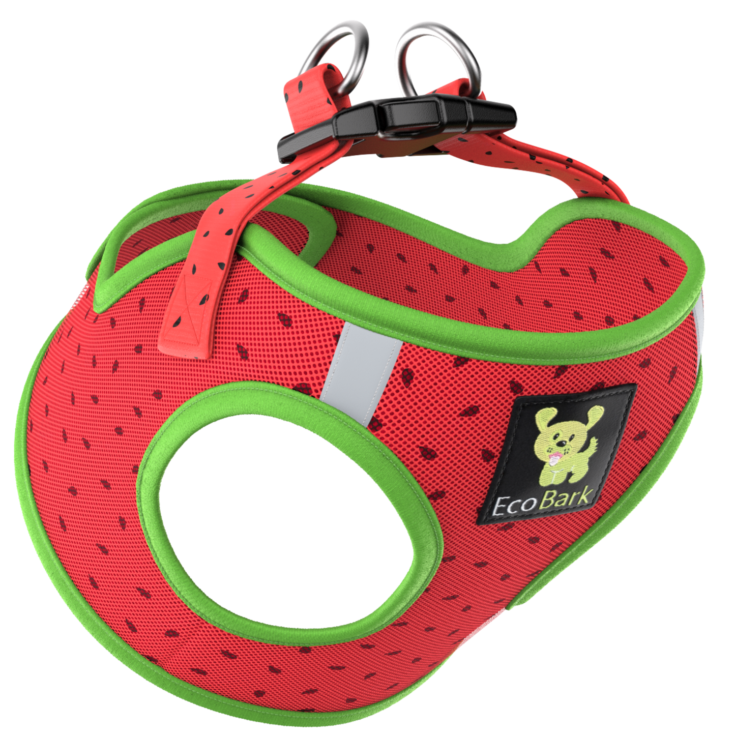 EcoBark Step In Dog Harness - XXXS to Medium Breeds- Reflective Soft Mesh Harness for Teacup, Small Dogs and Puppies / Black w/ Pink Piping / Watermelon