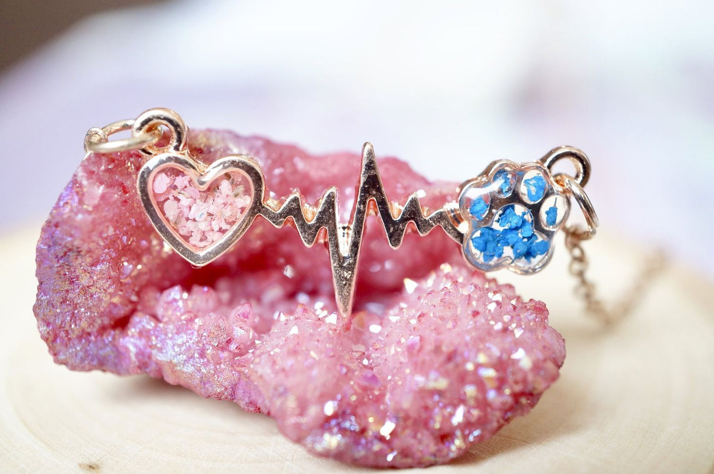 Real Pressed Flowers in Resin, Gold Dog Necklace in Blue and Pink