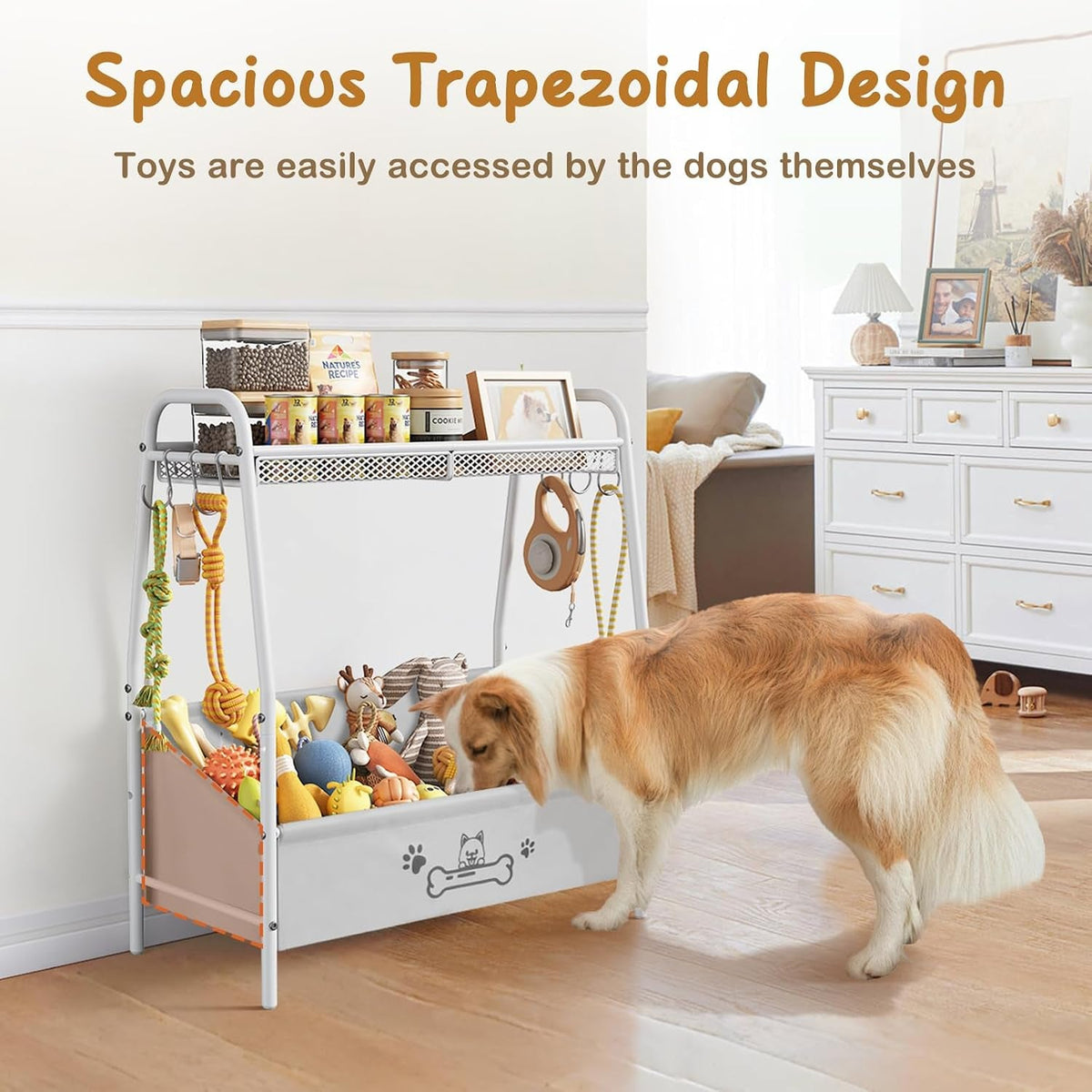Large Dog Toy Storage Organizer with Shelf & 6 Hooks – Black, White or Brown
