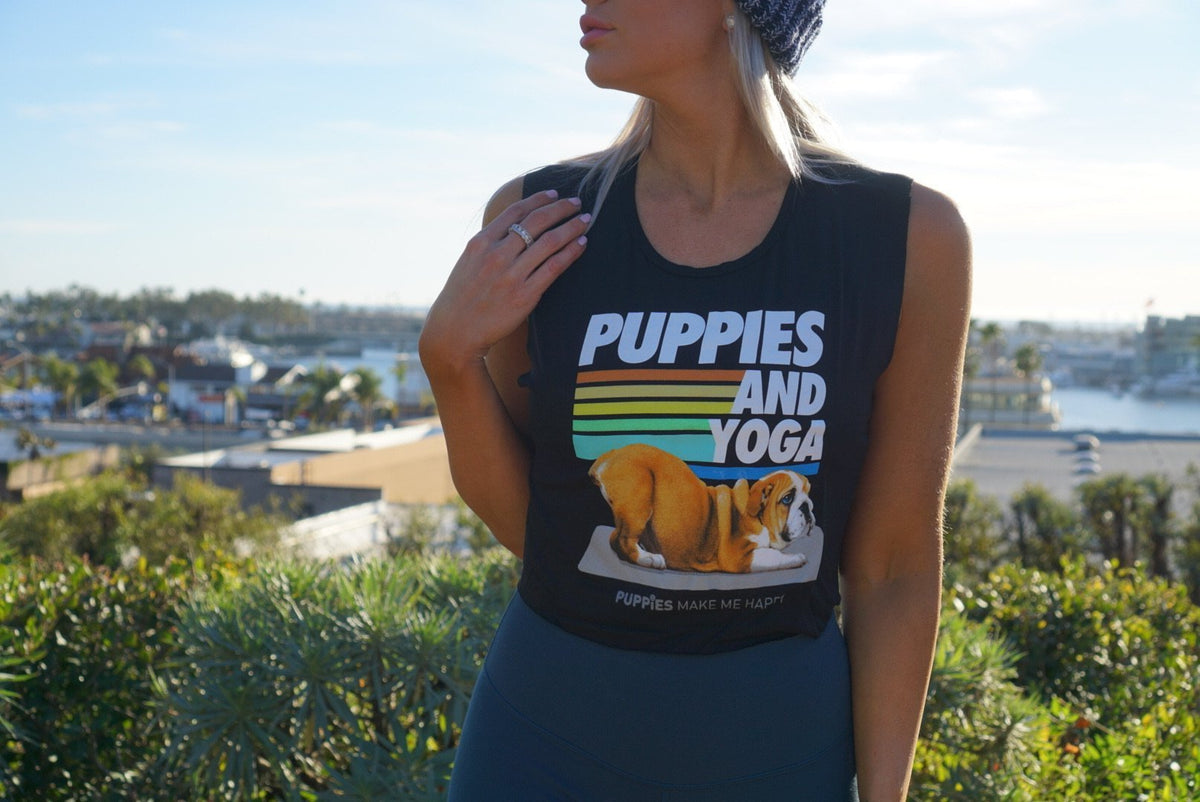 Puppies & Yoga Crop Tank | Gift for Dog Moms Who Do Yoga | Made in USA