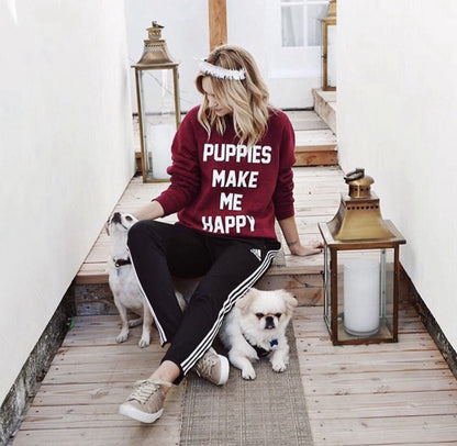 Puppies Make Me Happy Maroon Crewneck Sweatshirt | Gift for Dog Lovers | Printed in USA | Limited