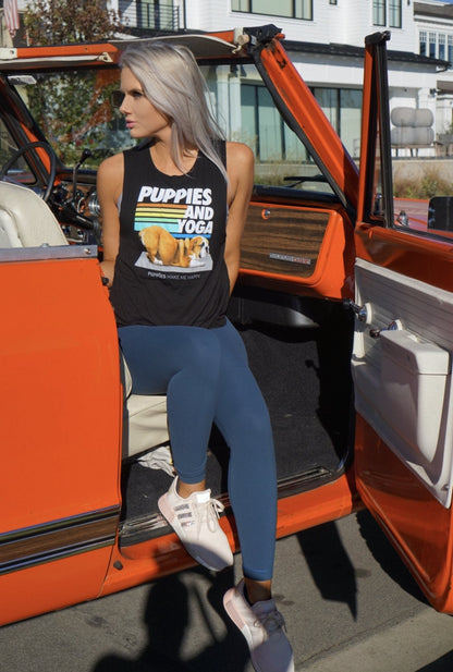 Puppies & Yoga Women's Sleeveless Tank | Gift for Dog Moms | As Seen in Dog Days | Made in USA
