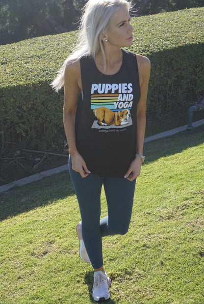 Puppies & Yoga Women's Sleeveless Tank | Gift for Dog Moms | As Seen in Dog Days | Made in USA