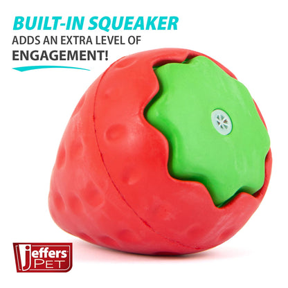Jeffers Squeaky Strawberry Natural Rubber Dog Dental Chew Toy with Squeaker & Vanilla Scent for Medium Chewers