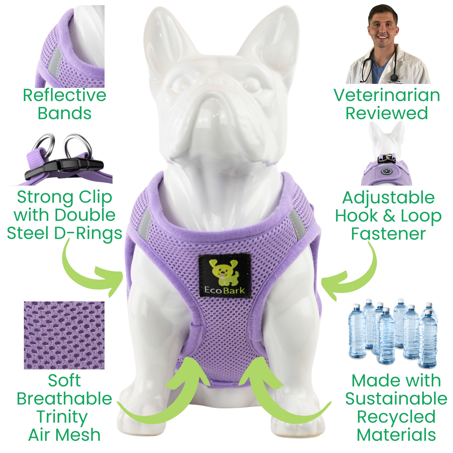 EcoBark Step In Dog Harness - XXXS to Medium Breeds- Reflective Soft Mesh Harness for Teacup, Small Dogs and Puppies / Lavender