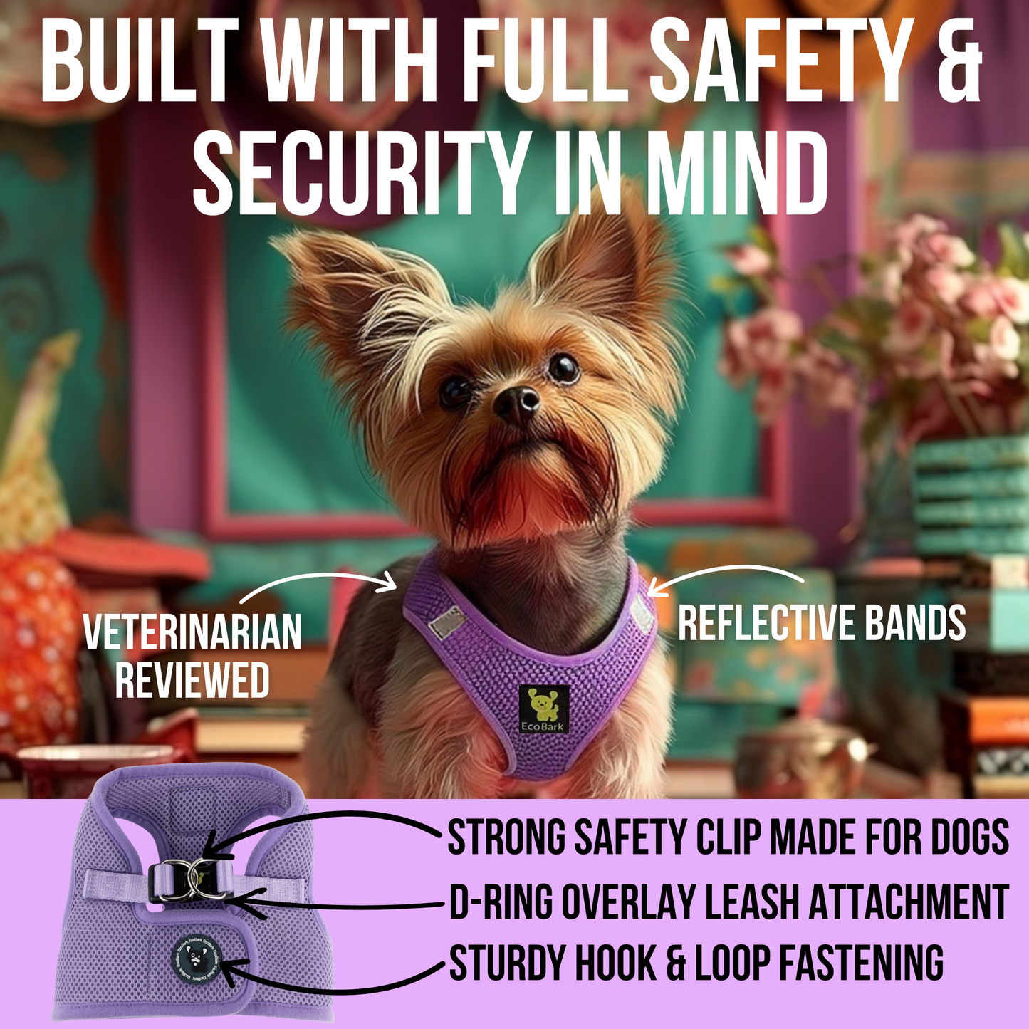 EcoBark Step In Dog Harness - XXXS to Medium Breeds- Reflective Soft Mesh Harness for Teacup, Small Dogs and Puppies / Lavender