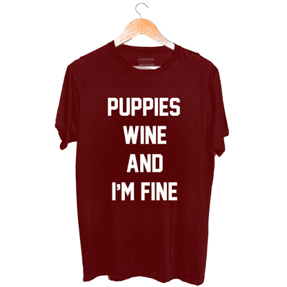 Puppies Wine & I'm Fine Unisex Crewneck Tee | Gift for Dog Moms | Wine Lovers
