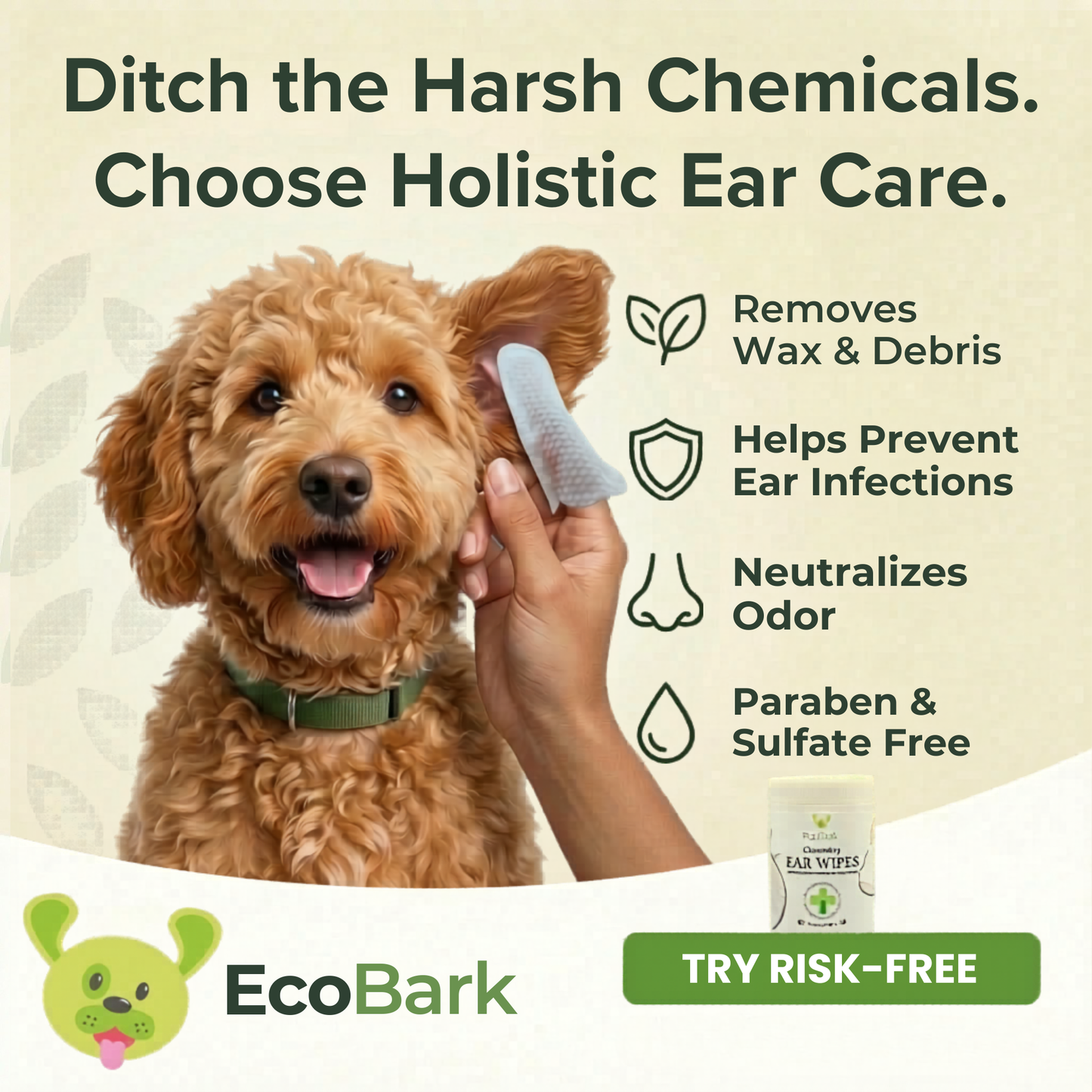 Dog Ear Wipes - Dog Ear Cleaning Wipes by EcoBark - Naturally Coconut Scented - 50 Count Finger Wipes For Puppies and Dogs