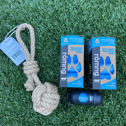 Bio-Based Poop Bag Bundle with Bamboo Dispenser + Hemp Rope Tug Toy | rōmng