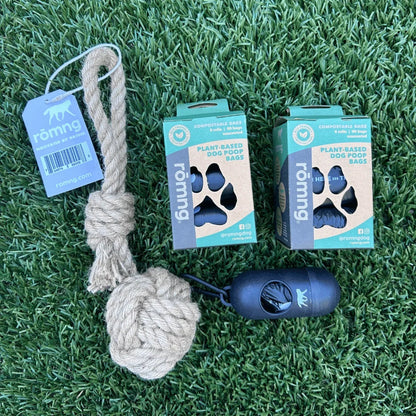 Compostable Poop Bags + Bamboo Dispenser + Hemp Rope Tug Toy Bundle (195 Bags)